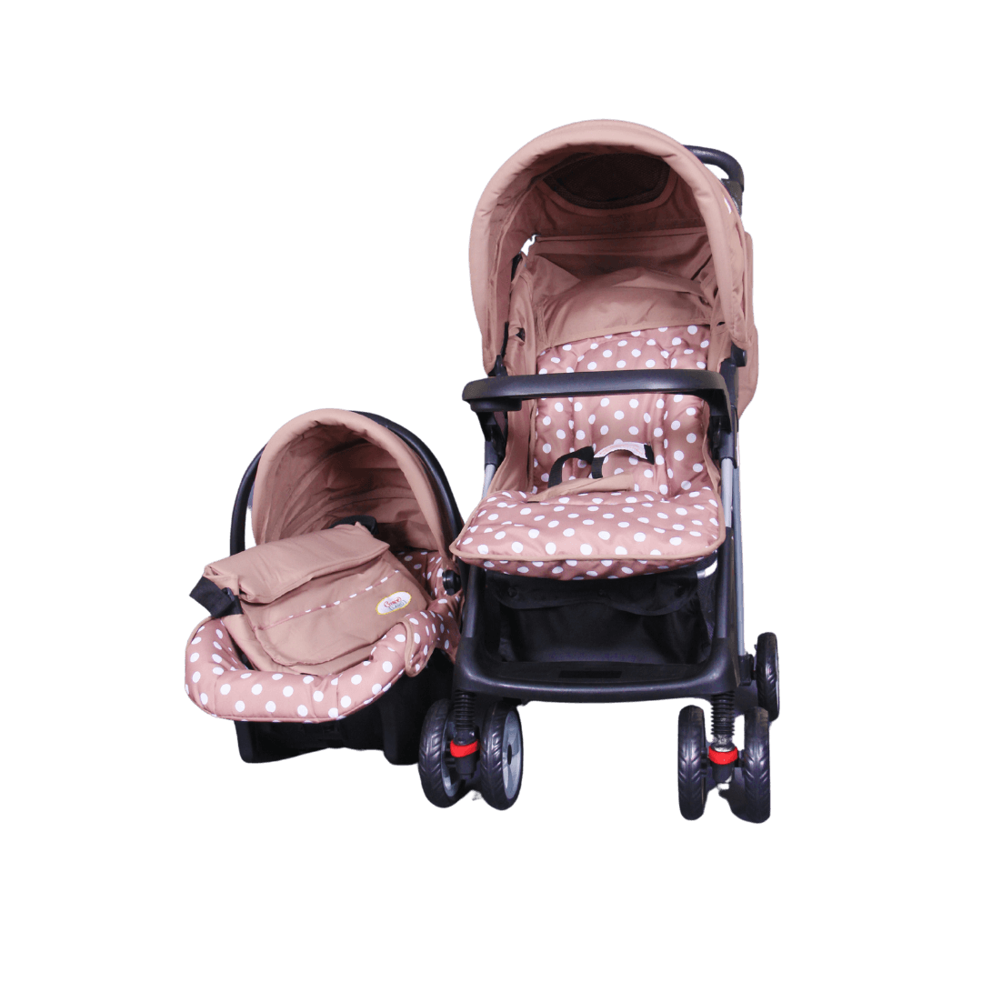 A 2-in-1 baby stroller with the carry cot attached