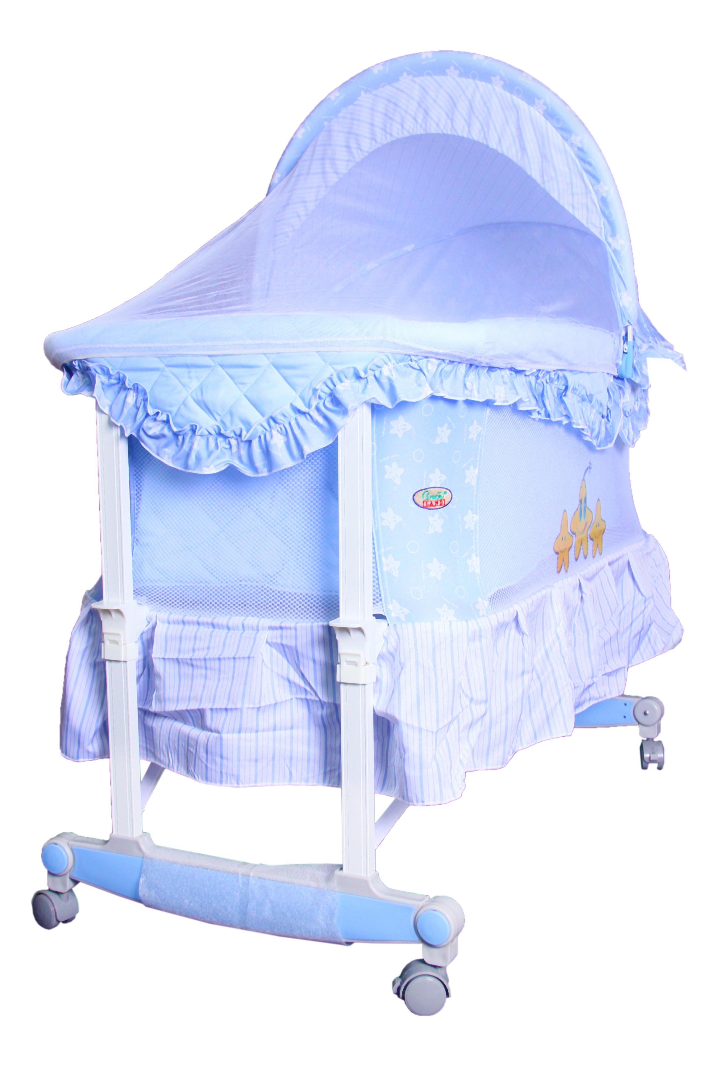 A blue baby crib with net sides and a mosquito net cover